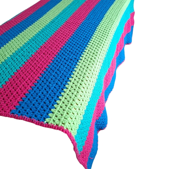 Vintage Handmade Crocheted Heavy Striped Blanket Multicolor Artcraf Blanket - Picture 8 of 12